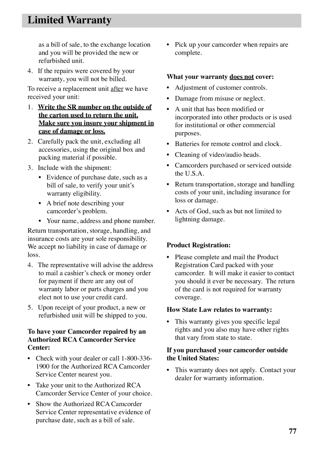 RCA CC6263 manual If you purchased your camcorder outside the United States 