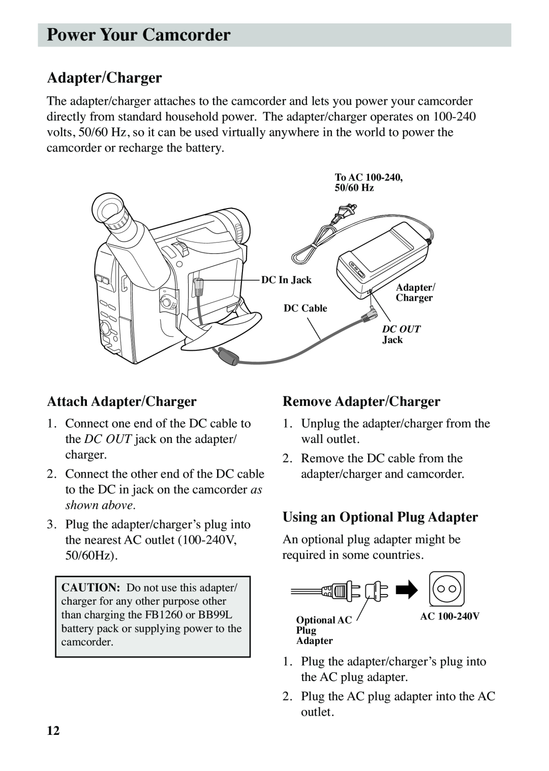RCA CC6263 manual Power Your Camcorder, Attach Adapter/Charger, Remove Adapter/Charger, Using an Optional Plug Adapter 