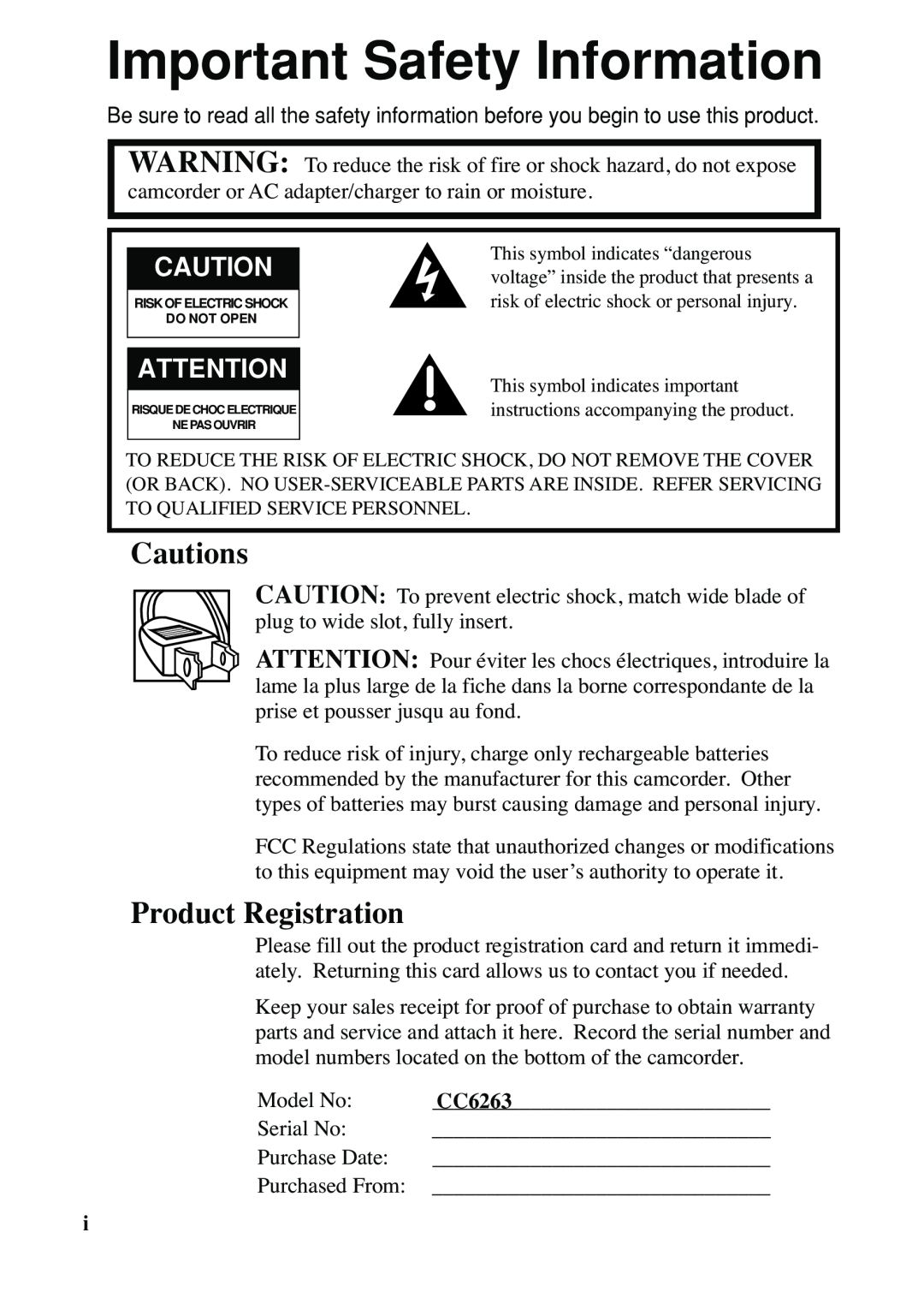 RCA CC6263 manual Cautions, Product Registration, Important Safety Information 