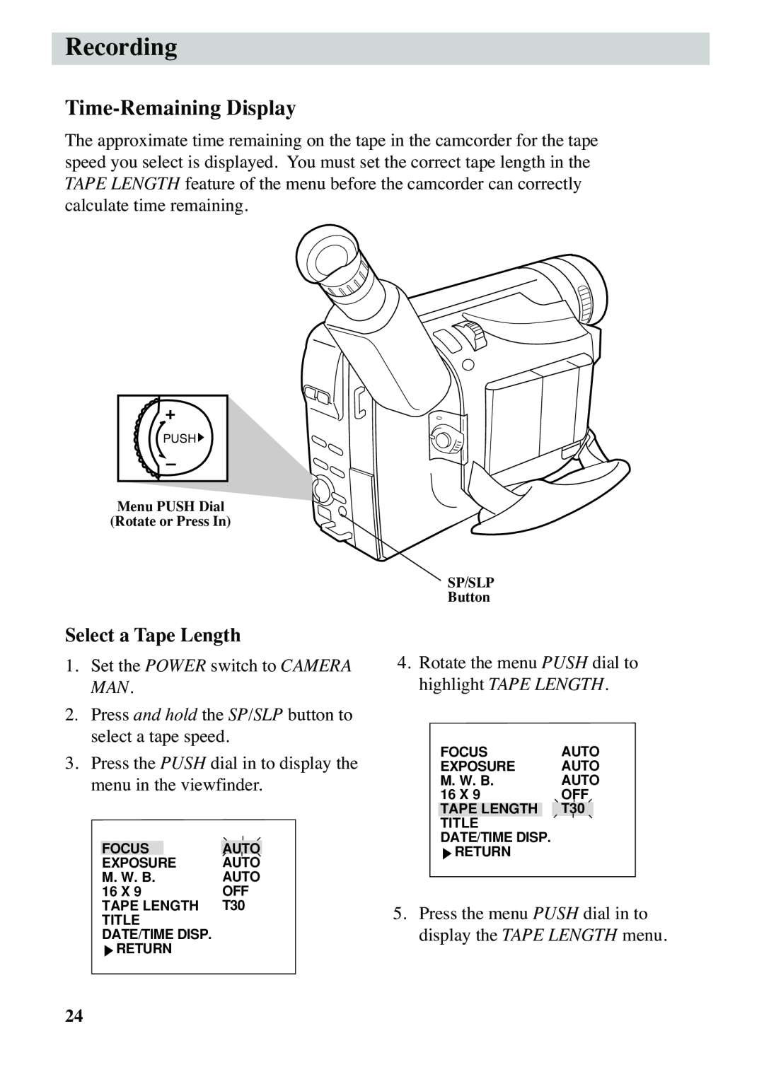 RCA CC6263 manual Recording, Time-Remaining Display, Select a Tape Length 
