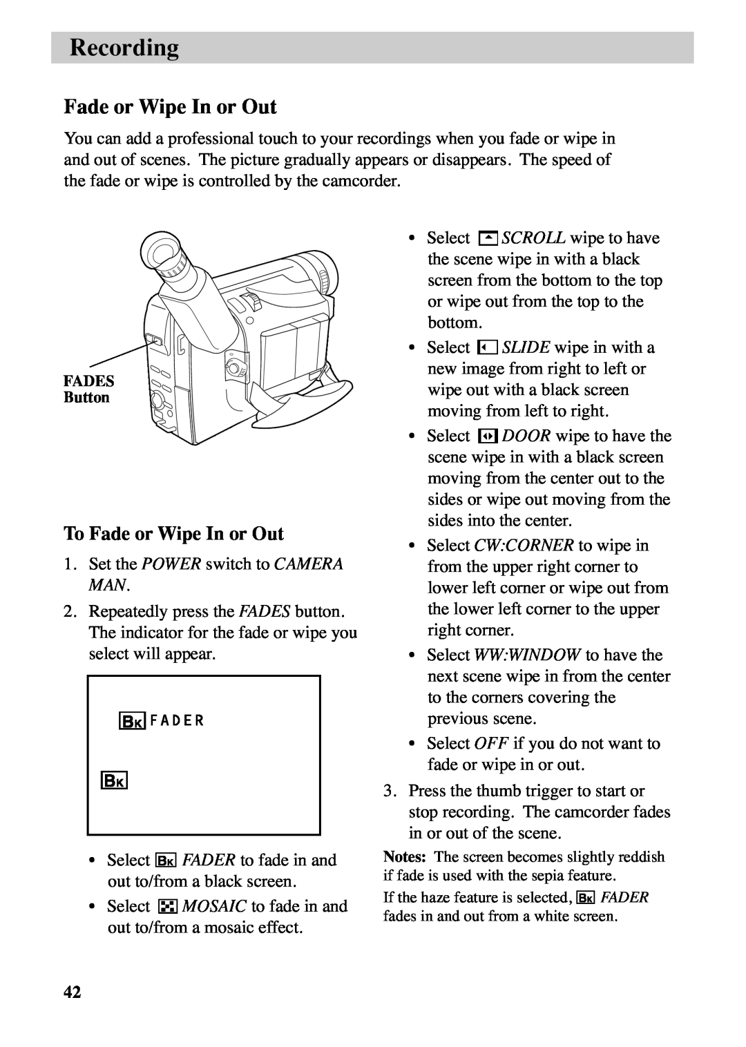RCA CC6263 manual To Fade or Wipe In or Out, Recording 