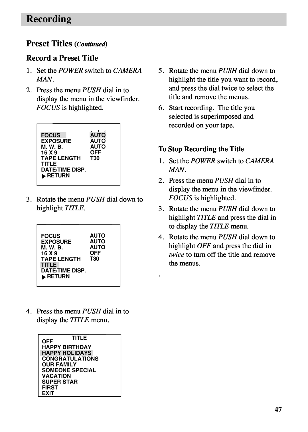 RCA CC6263 manual Preset Titles Continued, Record a Preset Title, To Stop Recording the Title 