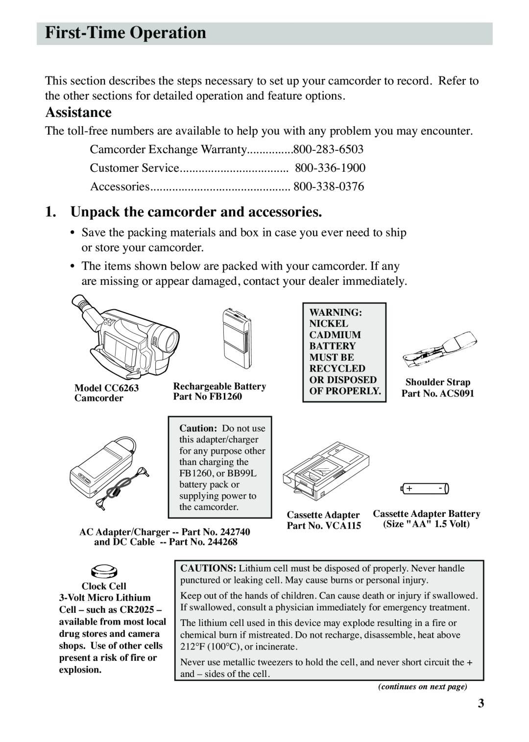 RCA CC6263 manual First-Time Operation, Assistance, Unpack the camcorder and accessories 
