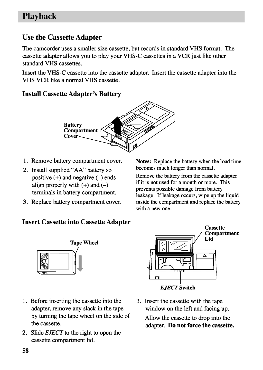 RCA CC6263 Use the Cassette Adapter, Install Cassette Adapter’s Battery, Insert Cassette into Cassette Adapter, Playback 