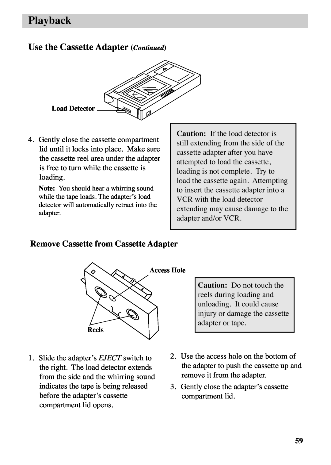 RCA CC6263 manual Use the Cassette Adapter Continued, Remove Cassette from Cassette Adapter, Playback 
