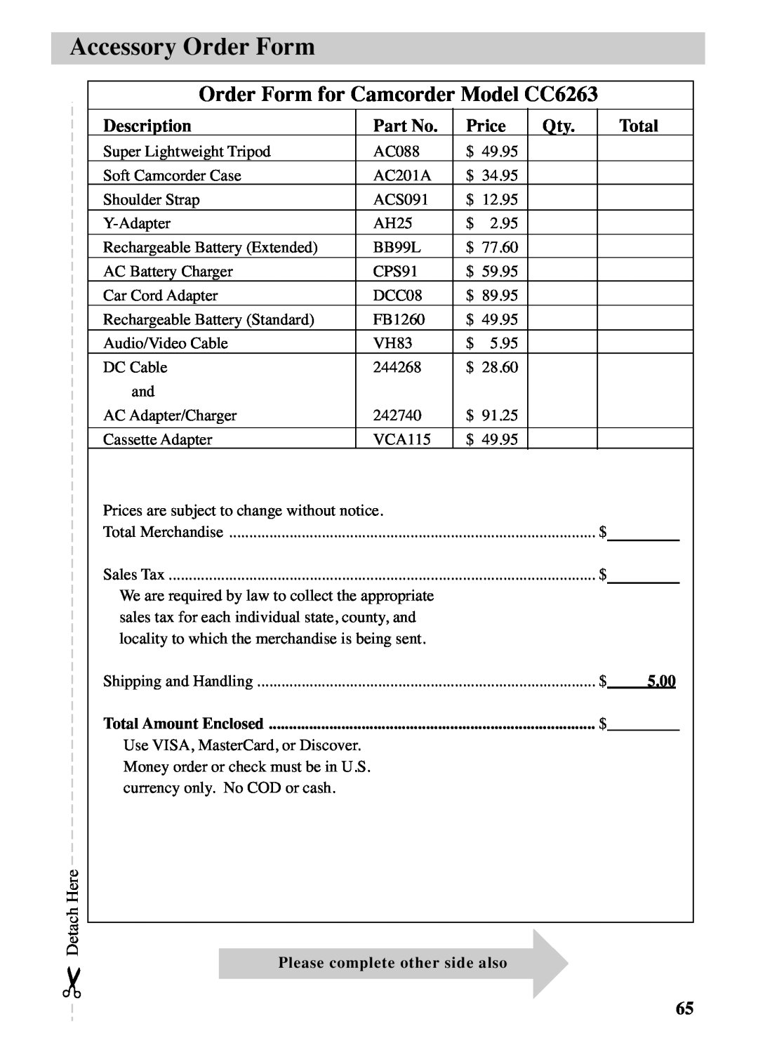 RCA manual Accessory Order Form, Order Form for Camcorder Model CC6263, Description, Price, Total, 5.00 