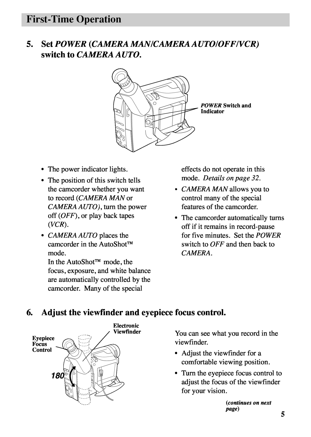 RCA CC6263 manual Set POWER CAMERA MAN/CAMERA AUTO/OFF/VCR switch to CAMERA AUTO, Camera, First-Time Operation 