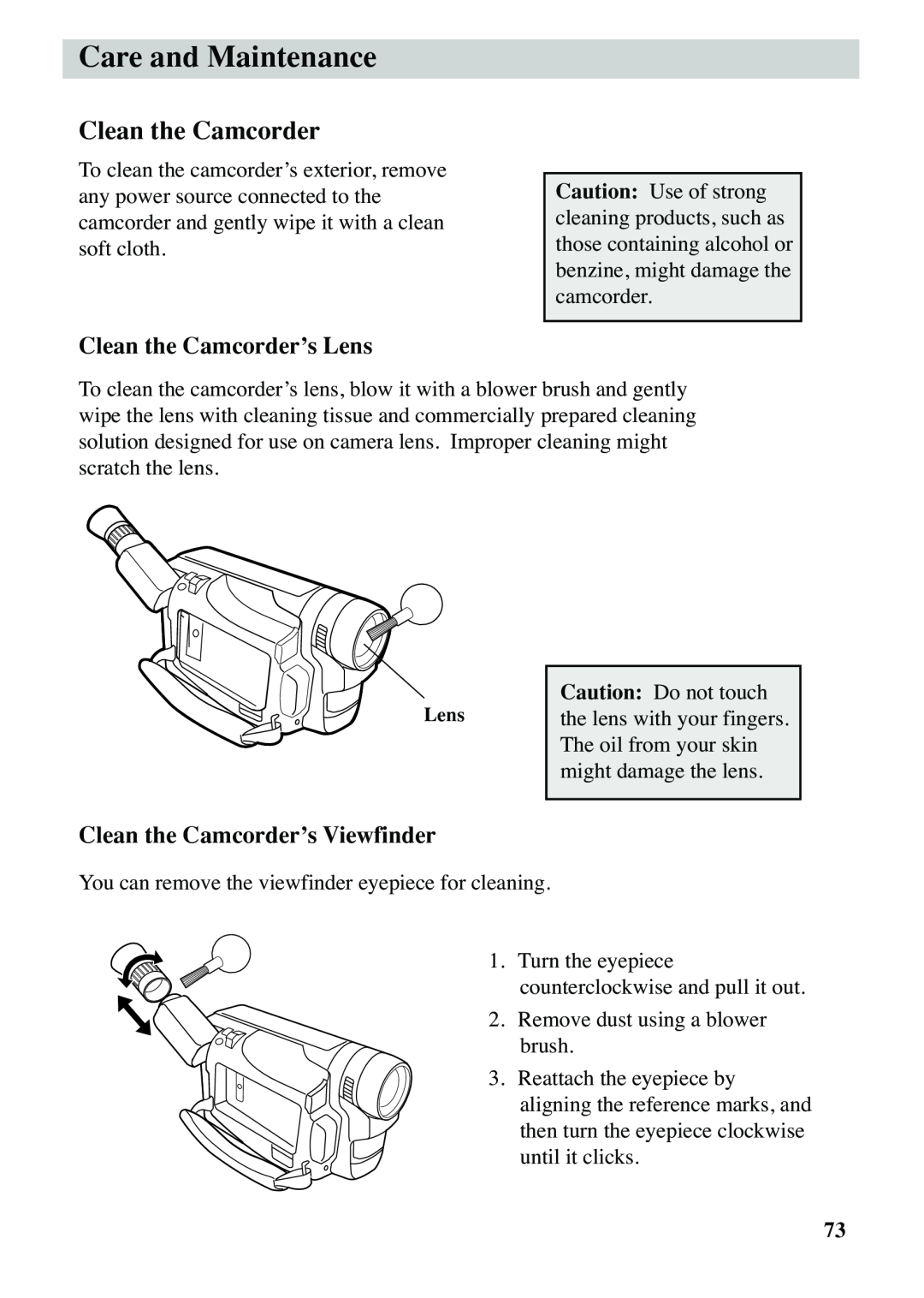 RCA CC6263 manual Care and Maintenance, Clean the Camcorder’s Lens, Clean the Camcorder’s Viewfinder 
