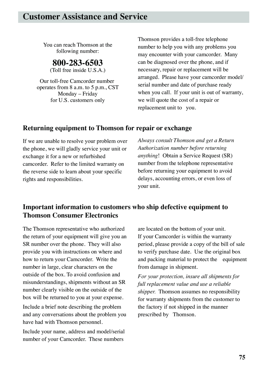 RCA CC6263 manual Customer Assistance and Service, Returning equipment to Thomson for repair or exchange 
