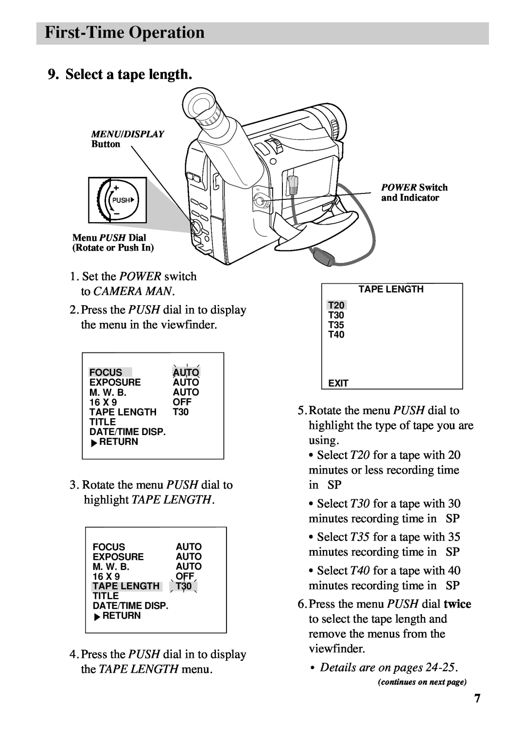 RCA CC6263 manual Select a tape length, Details are on pages, First-Time Operation 