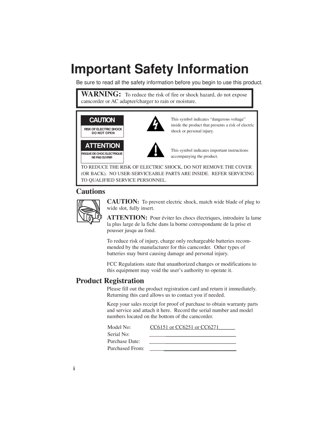 RCA CC6151, CC6271, CC6251 manual Important Safety Information, Product Registration 