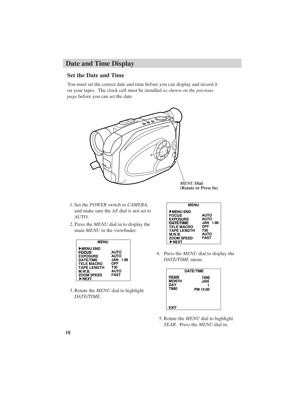 RCA CC6151, CC6271, CC6251 manual Set the Date and Time, Rotate the Menu dial to highlight DATE/TIME 