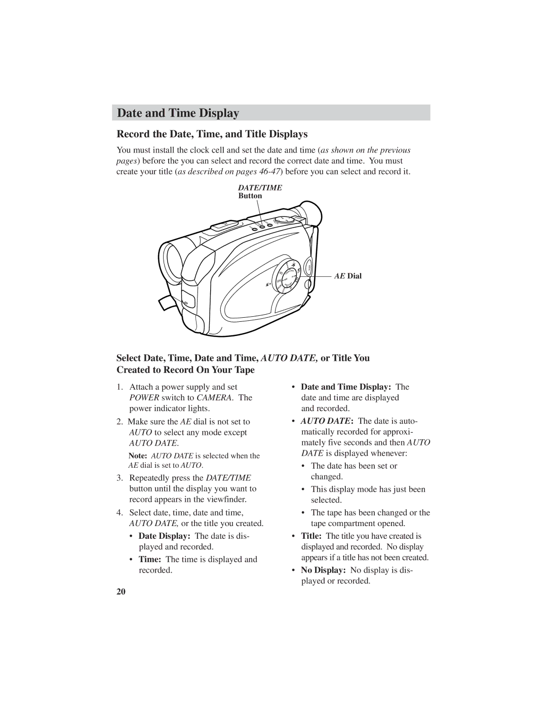 RCA CC6251, CC6271, CC6151 manual Record the Date, Time, and Title Displays, Auto Date 