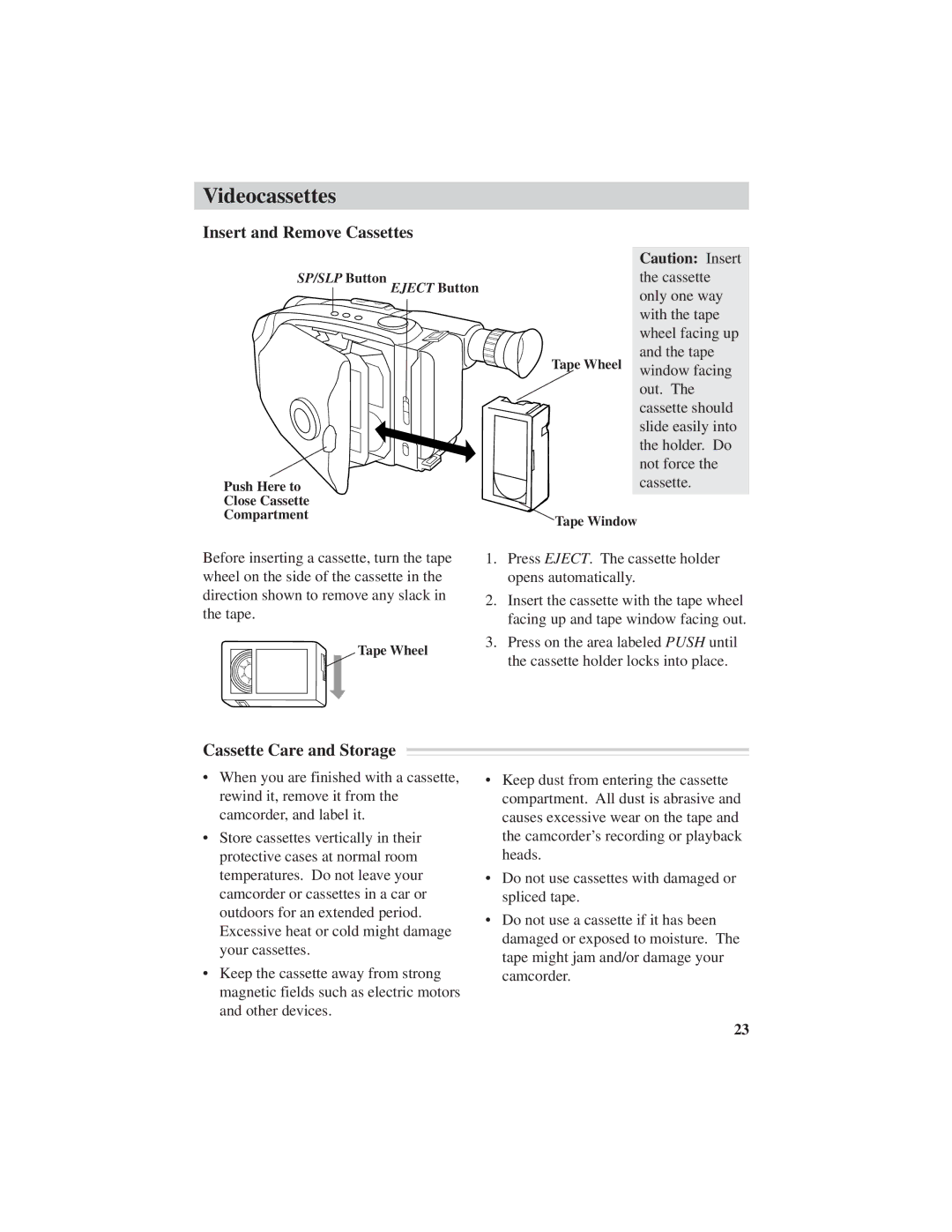 RCA CC6251, CC6271, CC6151 manual Insert and Remove Cassettes, Cassette Care and Storage 