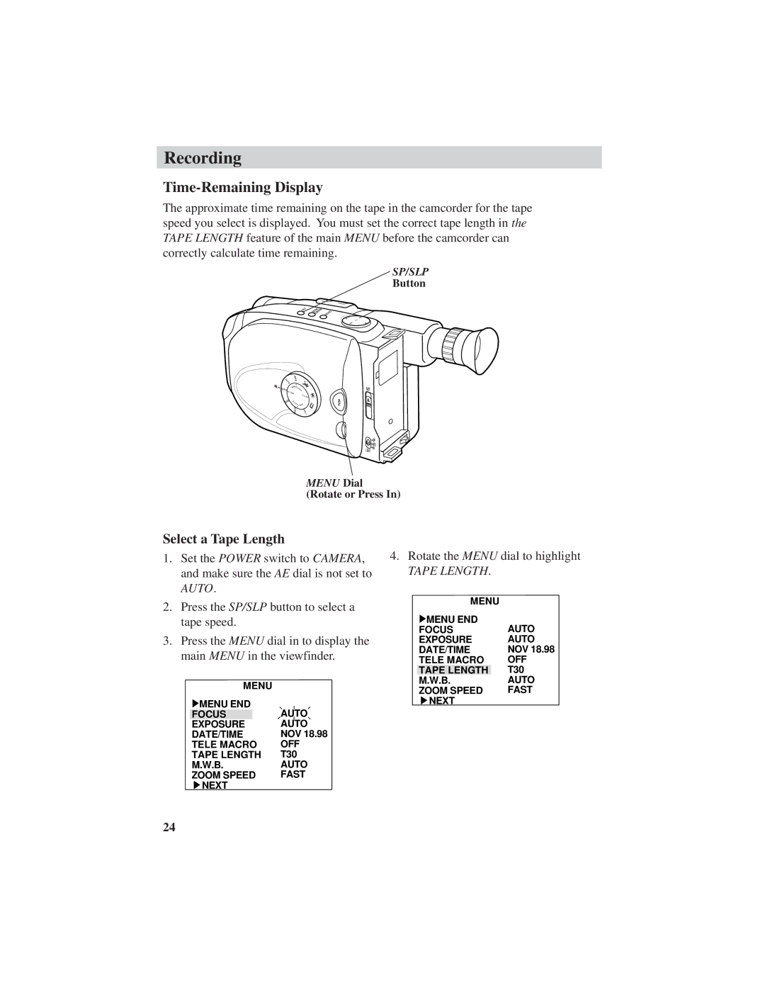 RCA CC6151, CC6271, CC6251 manual Recording, Time-Remaining Display, Select a Tape Length 