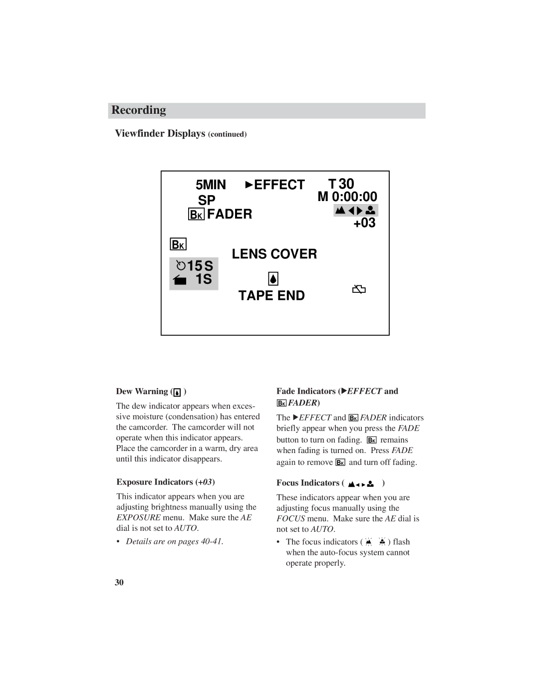 RCA CC6151, CC6271, CC6251 manual Dew Warning, Exposure Indicators +03, Fade Indicators 6EFFECT, Focus Indicators 