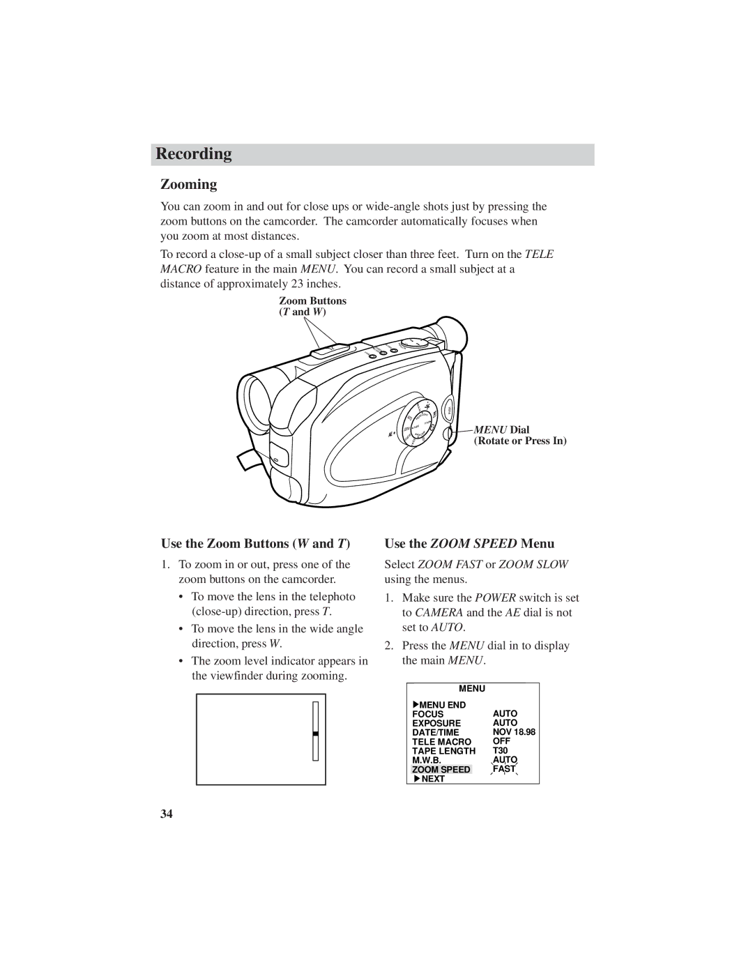 RCA CC6271, CC6251, CC6151 manual Zooming, Use the Zoom Buttons W and T 