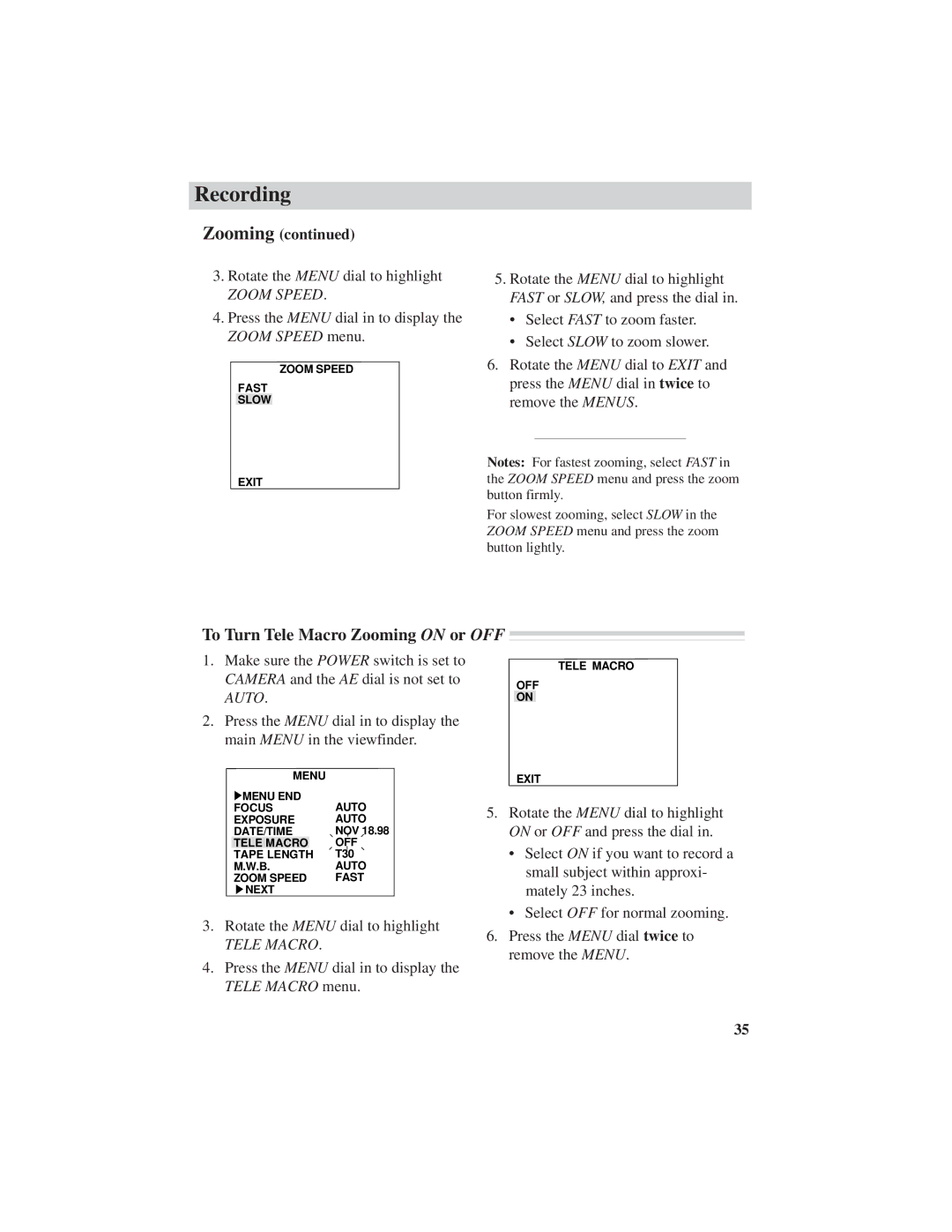 RCA CC6251, CC6271, CC6151 manual To Turn Tele Macro Zooming on or OFF 