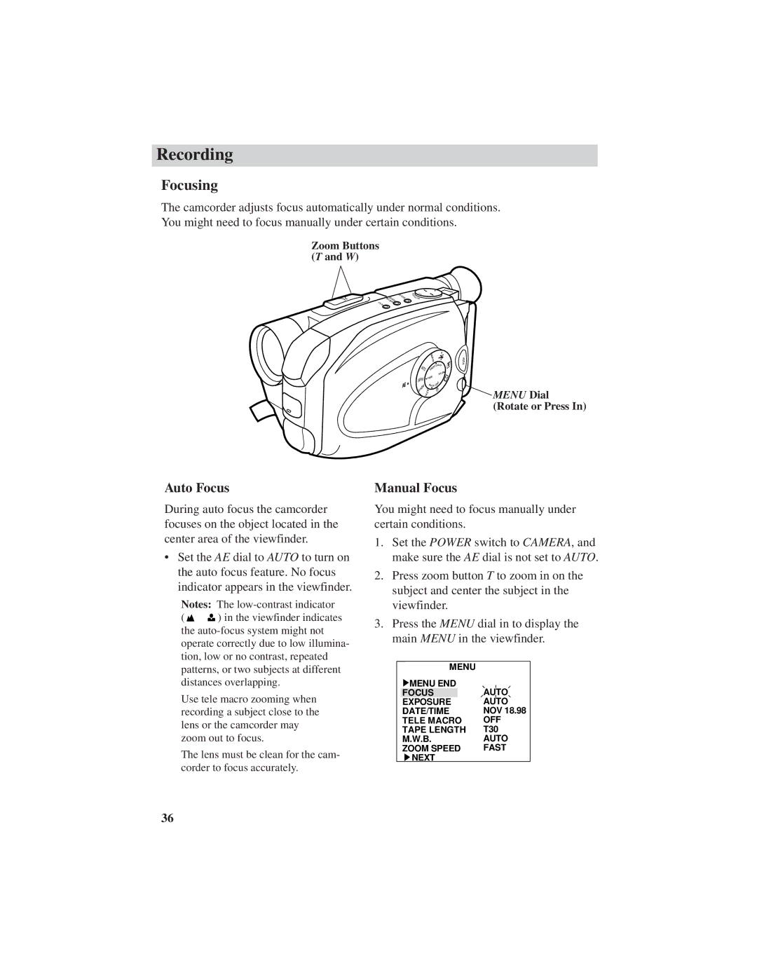 RCA CC6151, CC6271, CC6251 manual Focusing, Auto Focus, Manual Focus 