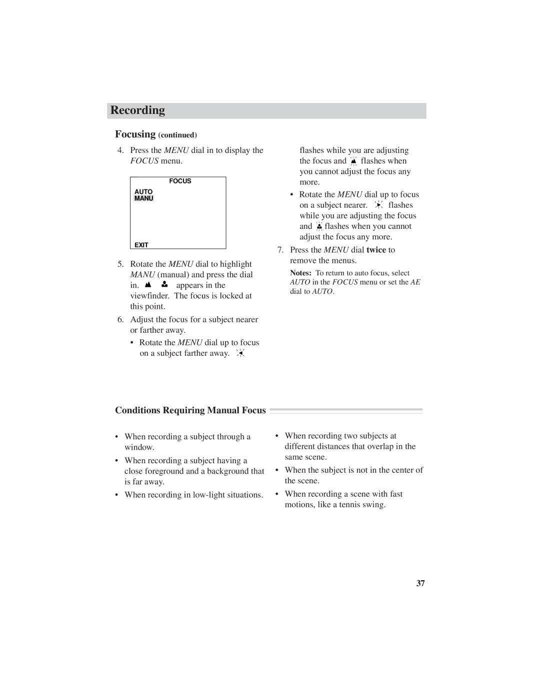 RCA CC6271, CC6251, CC6151 manual Conditions Requiring Manual Focus 