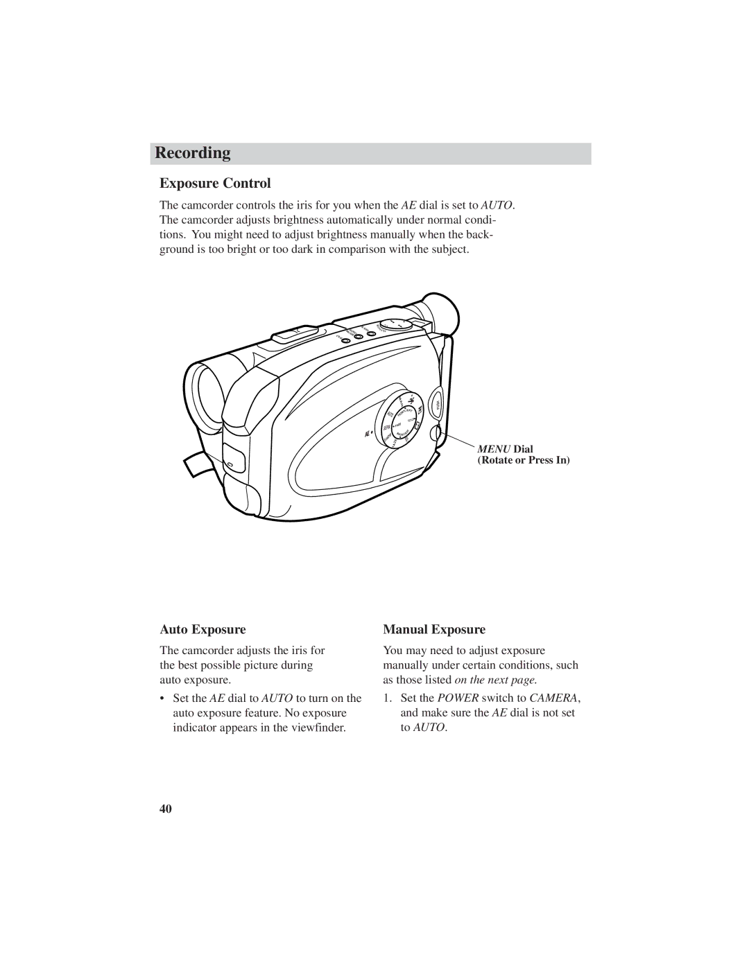 RCA CC6271, CC6251, CC6151 manual Exposure Control, Auto Exposure, Manual Exposure 