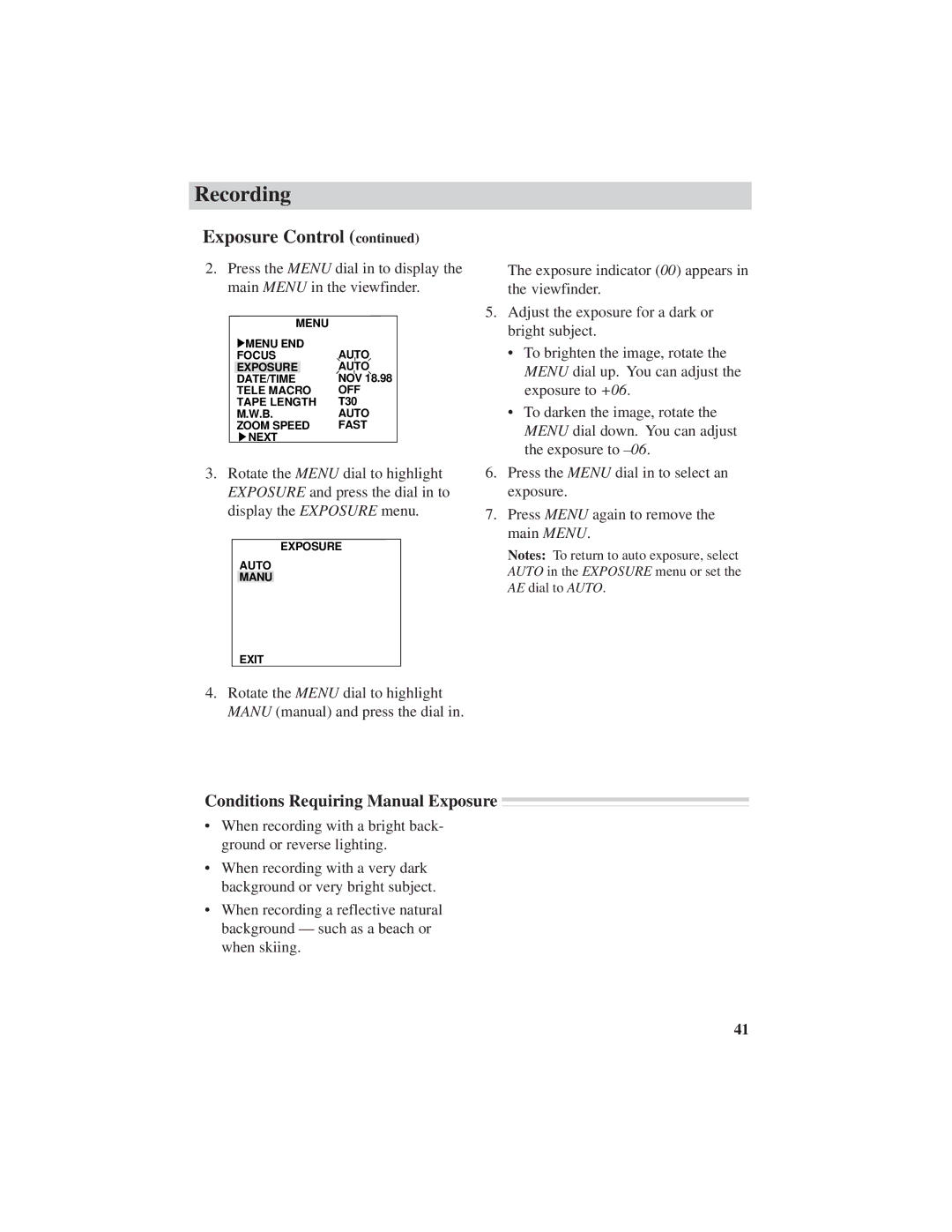 RCA CC6251, CC6271, CC6151 manual Conditions Requiring Manual Exposure 