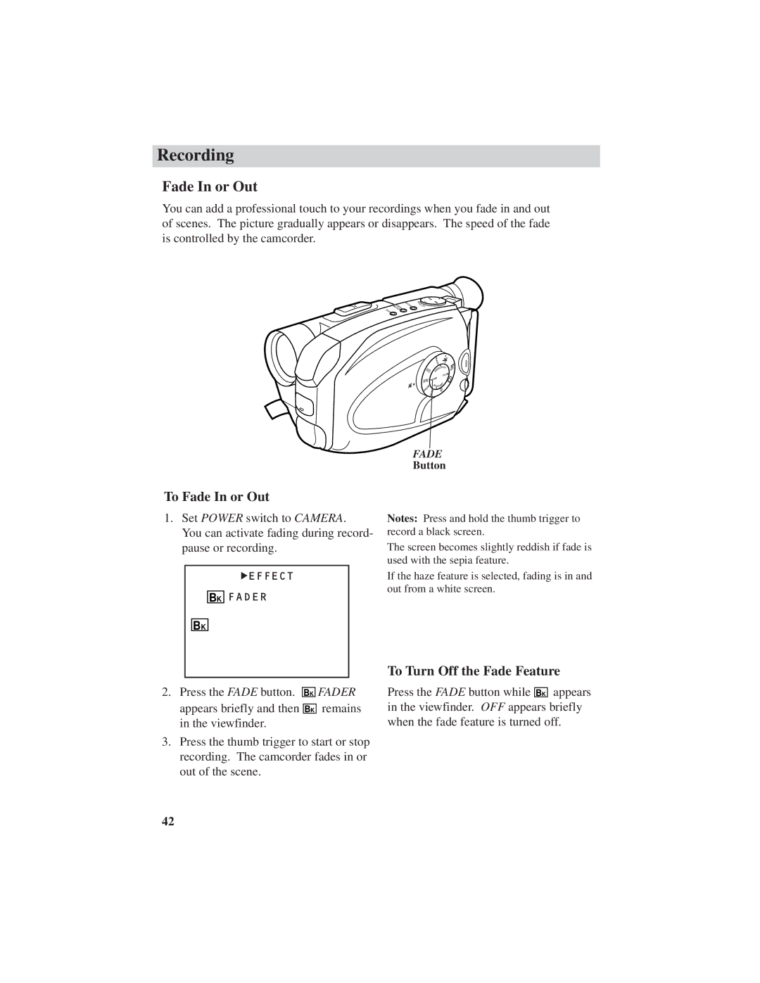 RCA CC6151, CC6271, CC6251 manual To Fade In or Out, To Turn Off the Fade Feature 