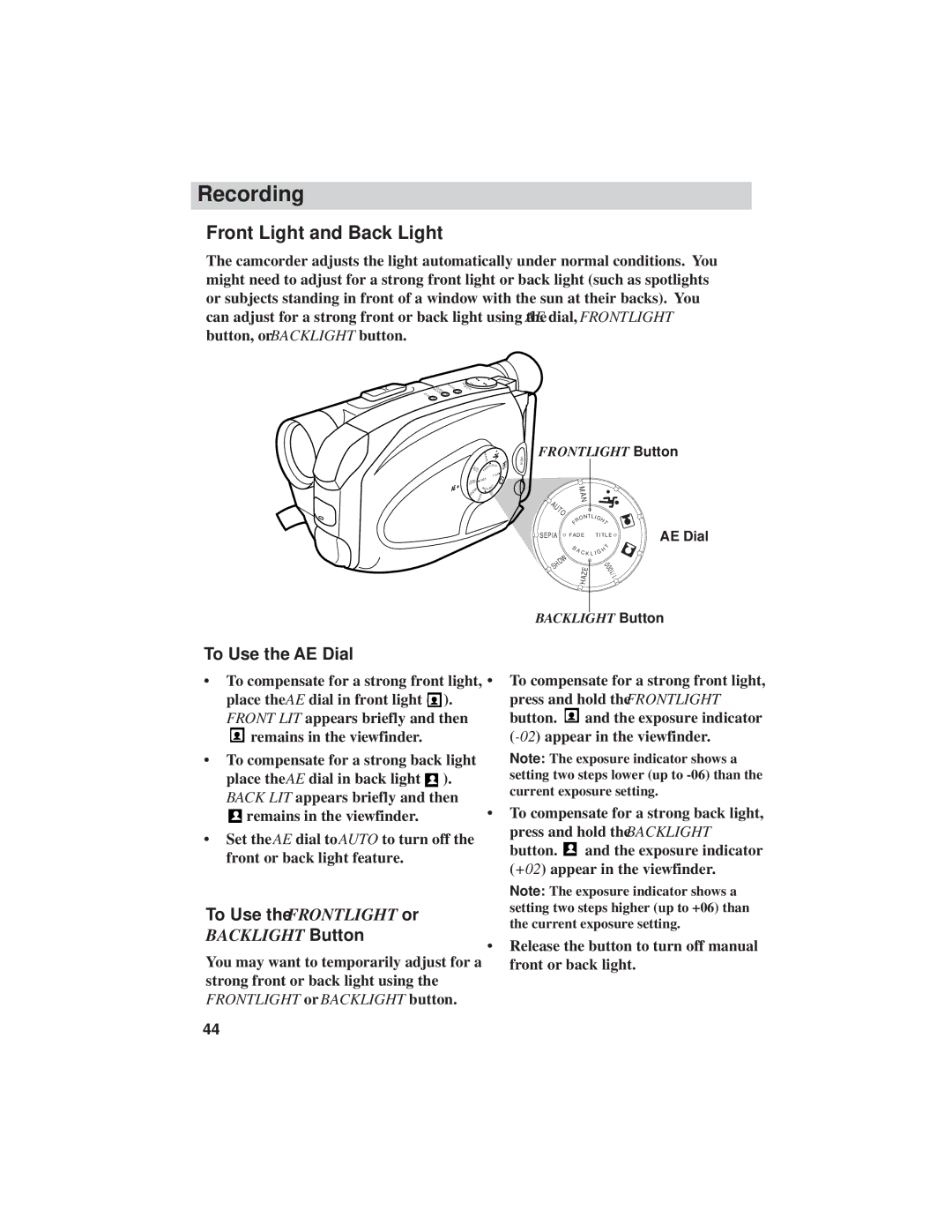 RCA CC6251, CC6271, CC6151 manual Front Light and Back Light, To Use the AE Dial, To Use the Frontlight or 