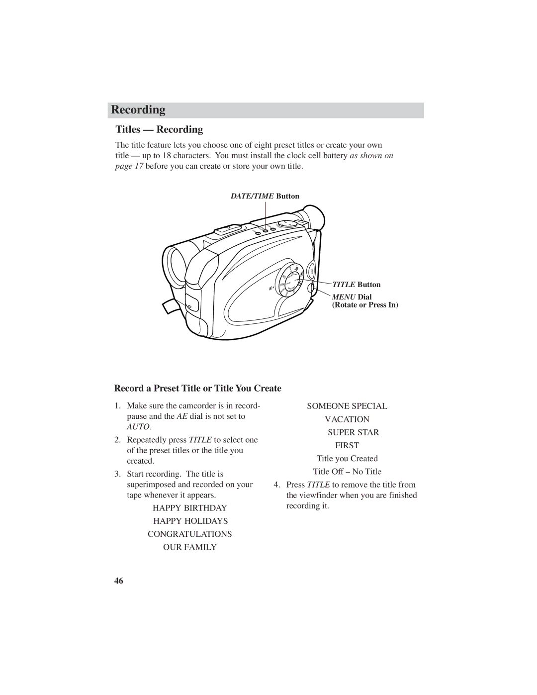 RCA CC6271, CC6251, CC6151 manual Titles Recording, Record a Preset Title or Title You Create 