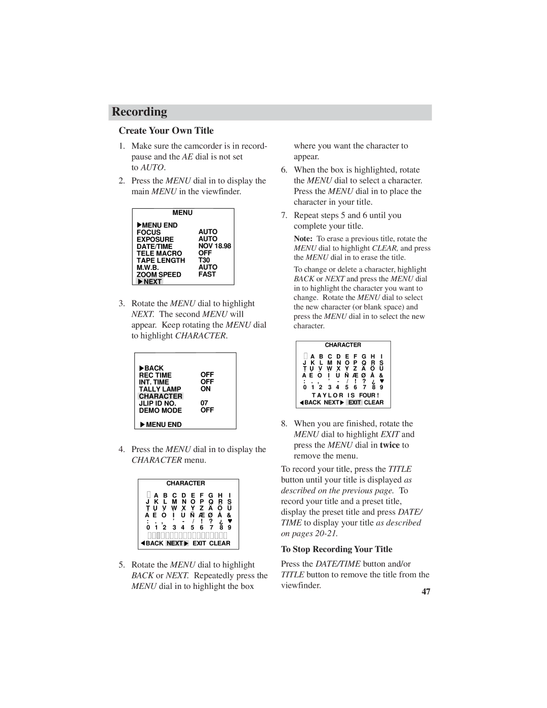 RCA CC6251, CC6271, CC6151 manual Create Your Own Title, To Stop Recording Your Title 