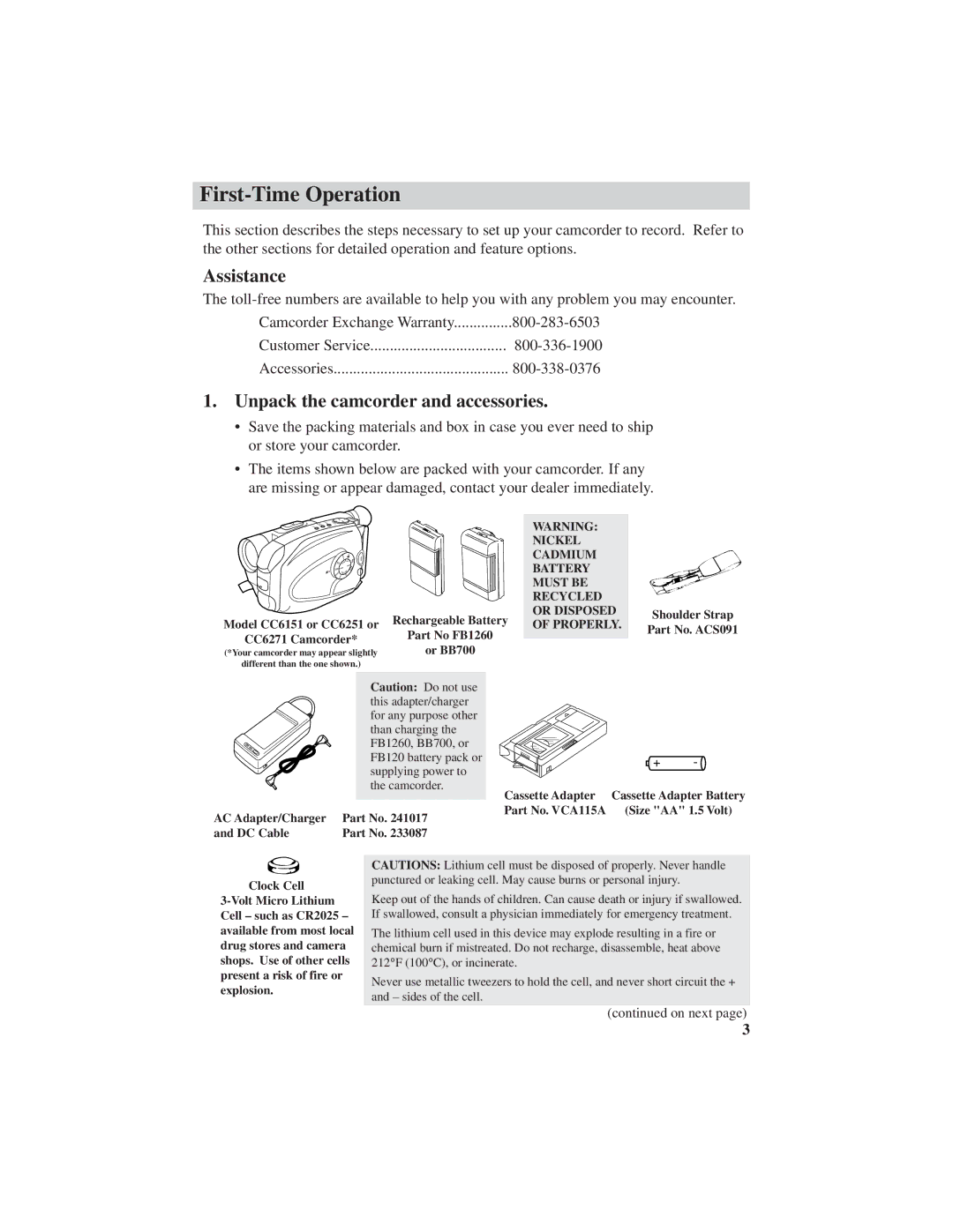 RCA CC6151, CC6271, CC6251 manual First-Time Operation, Assistance, Unpack the camcorder and accessories 