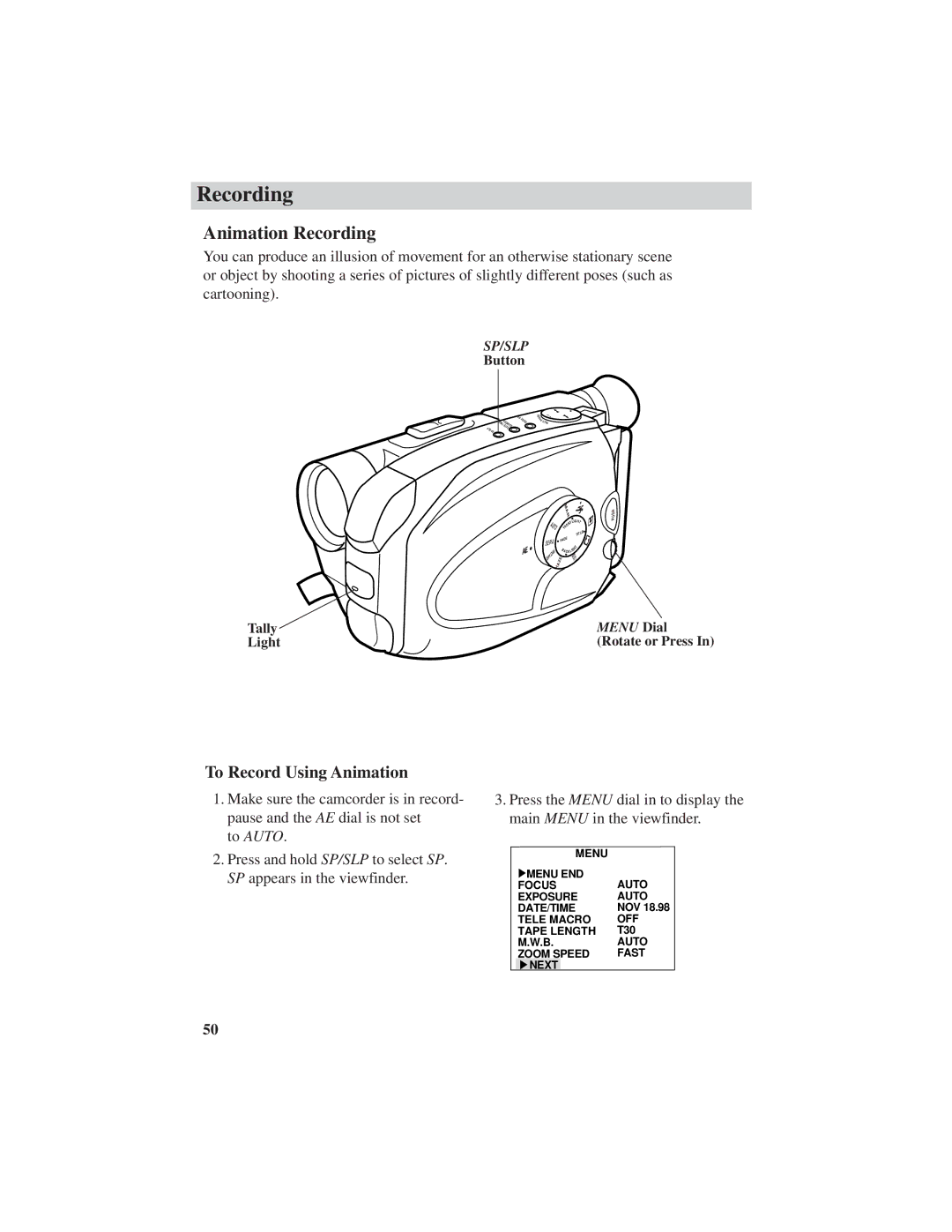 RCA CC6251, CC6271, CC6151 manual Animation Recording, To Record Using Animation 