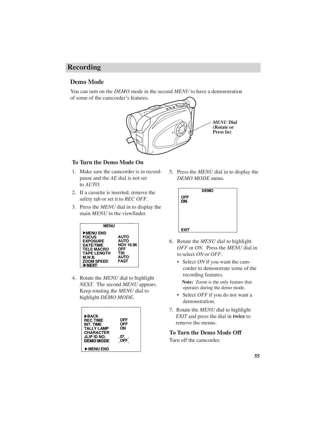 RCA CC6271, CC6251, CC6151 manual To Turn the Demo Mode On, To Turn the Demo Mode Off 