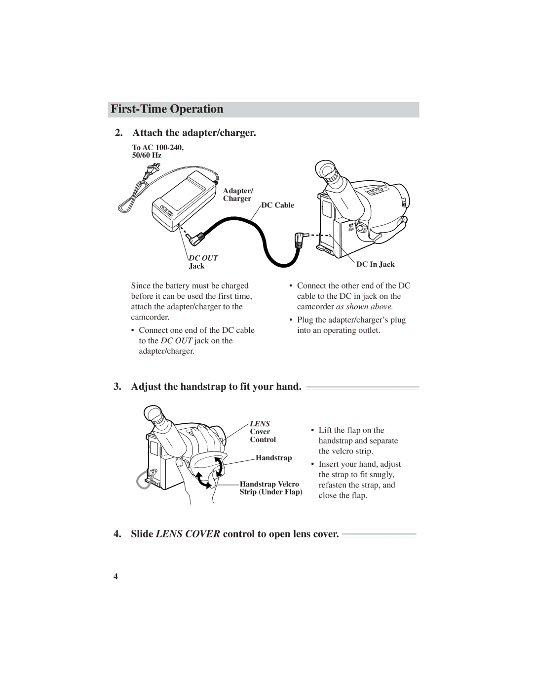 RCA CC6271 Attach the adapter/charger, Adjust the handstrap to fit your hand, Slide Lens Cover control to open lens cover 