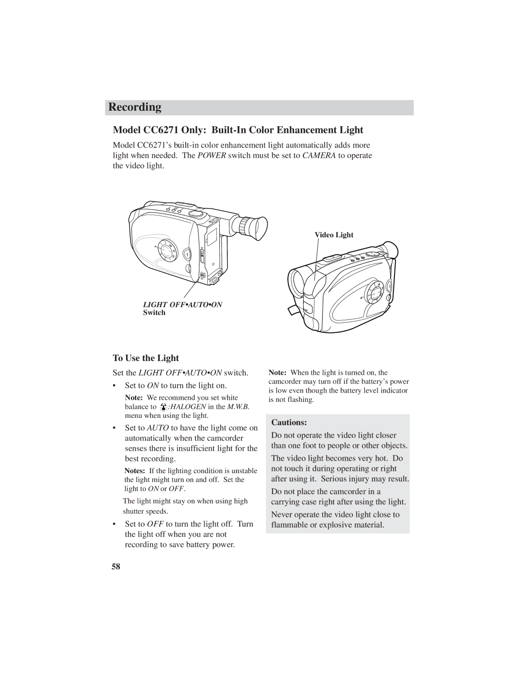 RCA CC6251, CC6151 manual Model CC6271 Only Built-In Color Enhancement Light, To Use the Light 