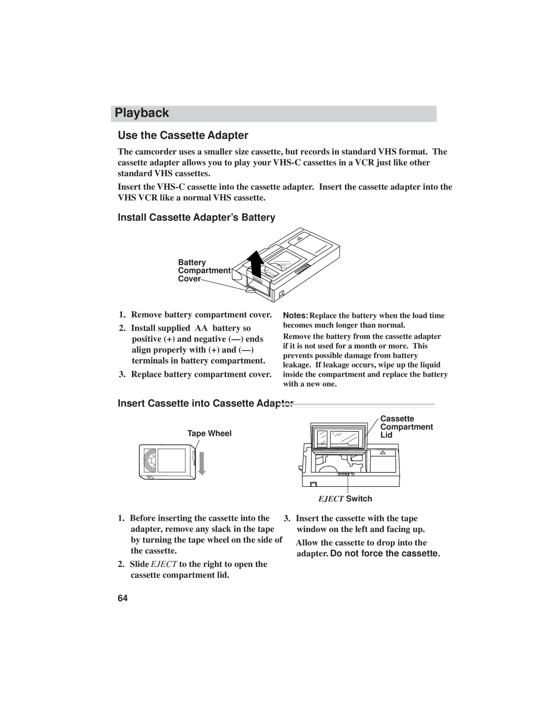 RCA CC6271, CC6251 Use the Cassette Adapter, Install Cassette Adapter’s Battery, Insert Cassette into Cassette Adapter 