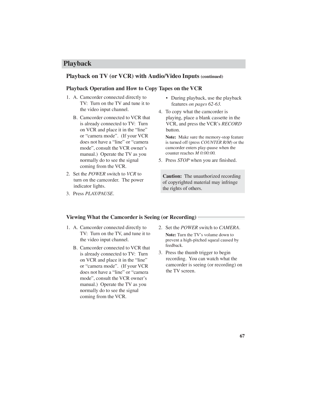 RCA CC6271, CC6251 Playback Operation and How to Copy Tapes on the VCR, Viewing What the Camcorder is Seeing or Recording 