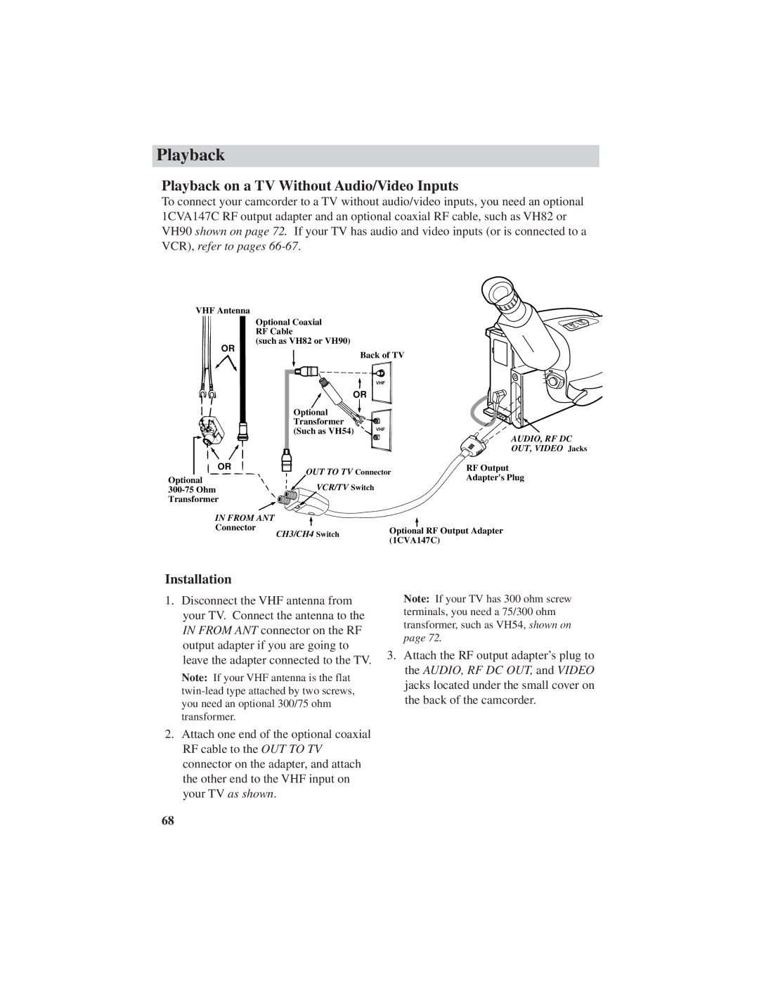 RCA CC6251, CC6271, CC6151 manual Playback on a TV Without Audio/Video Inputs, Audio, Rf Dc 