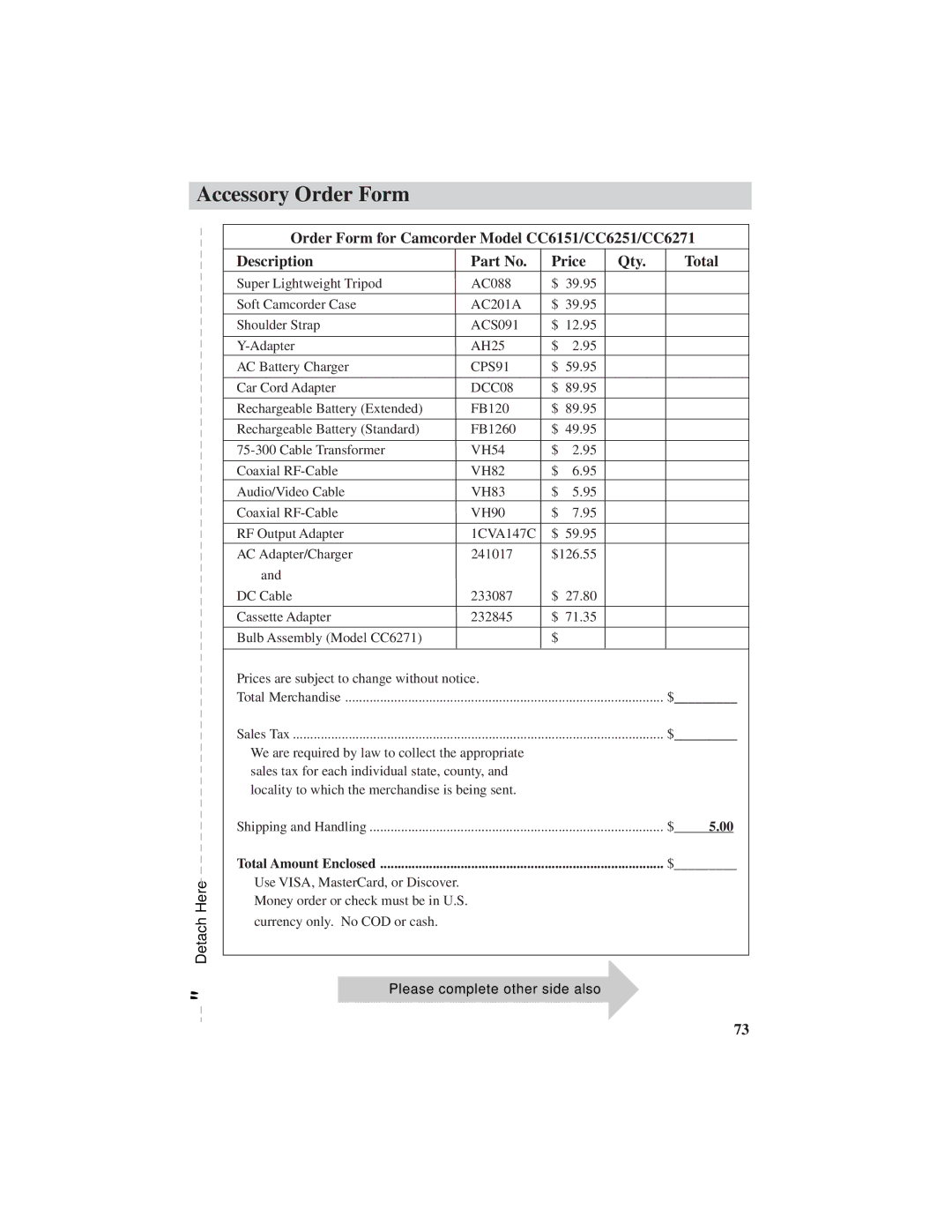 RCA CC6271, CC6251, CC6151 manual Accessory Order Form, DCC08 