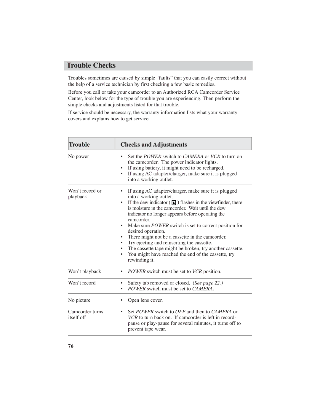 RCA CC6271, CC6251, CC6151 manual Trouble Checks and Adjustments 