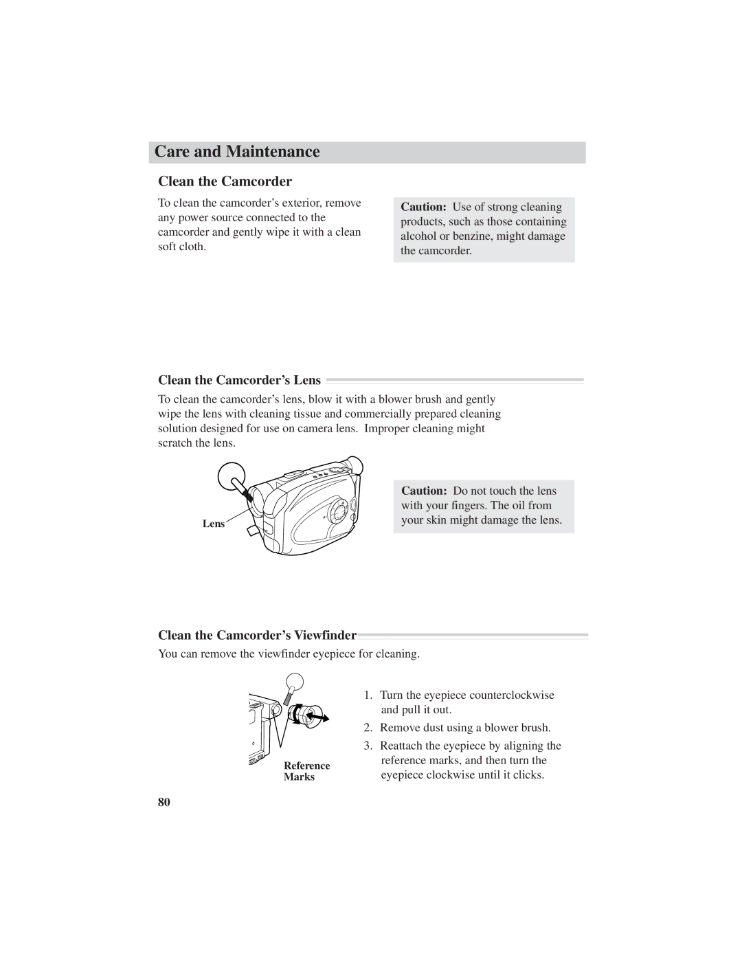 RCA CC6251, CC6271, CC6151 manual Care and Maintenance, Clean the Camcorder’s Lens, Clean the Camcorder’s Viewfinder 