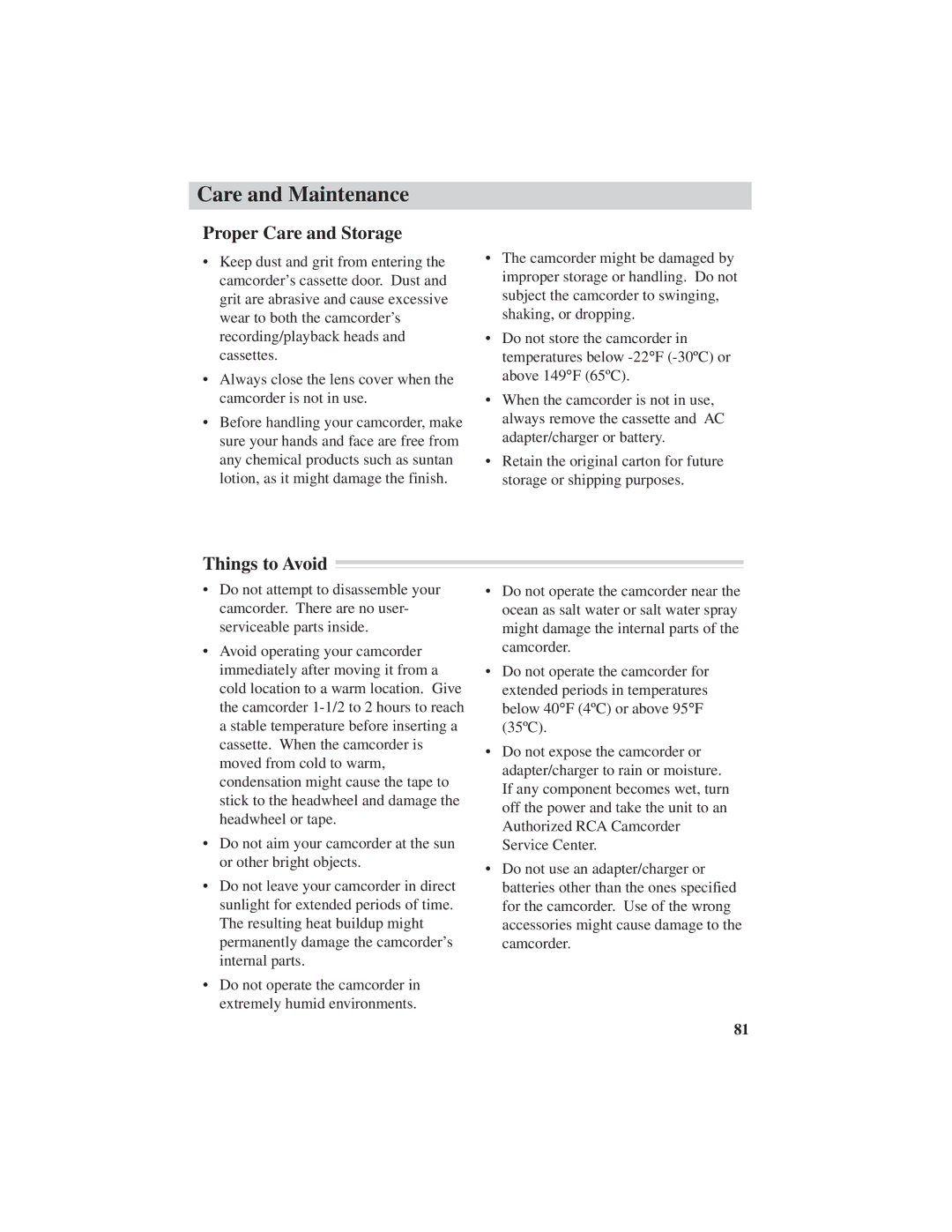 RCA CC6151, CC6271, CC6251 manual Proper Care and Storage, Things to Avoid 