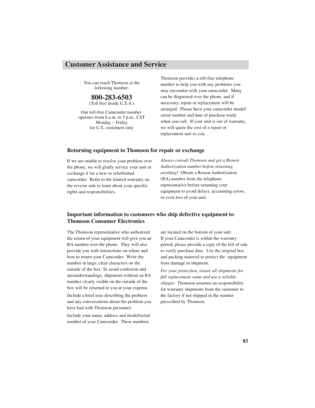 RCA CC6251, CC6271, CC6151 manual Customer Assistance and Service, Returning equipment to Thomson for repair or exchange 