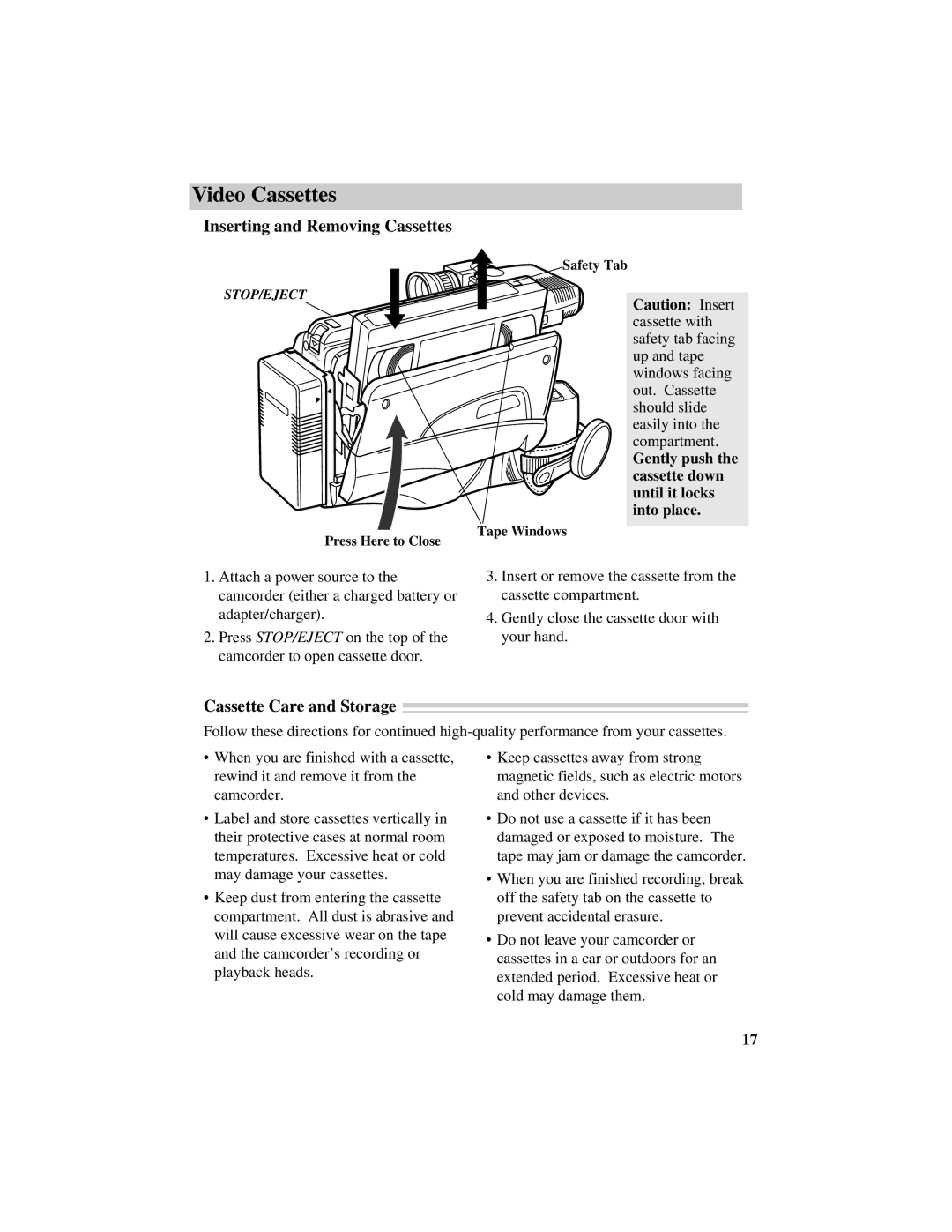 RCA CC632 manual Inserting and Removing Cassettes, Cassette Care and Storage 