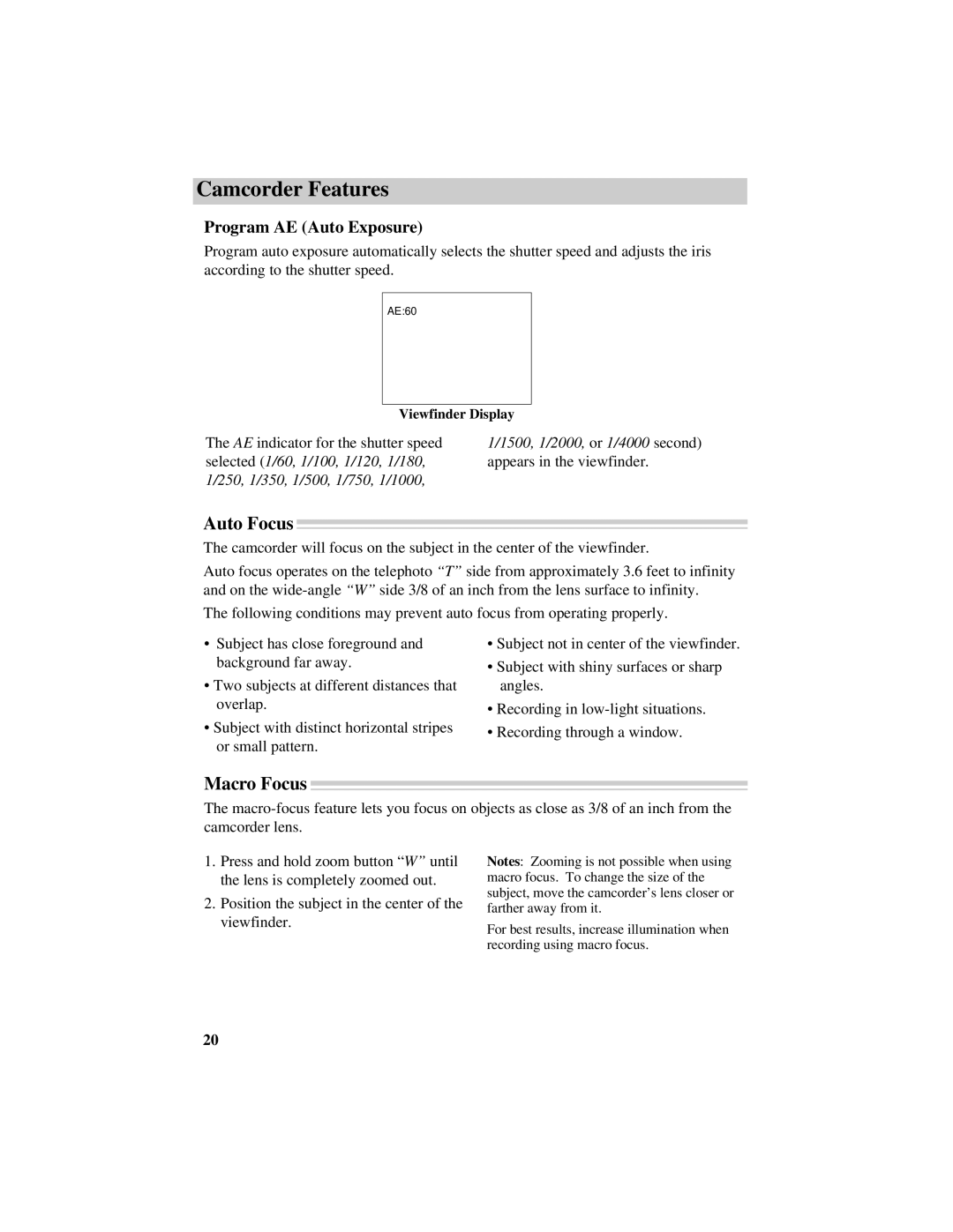 RCA CC632 manual Auto Focus, Macro Focus, Program AE Auto Exposure 