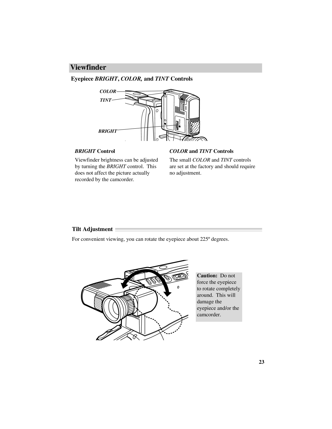 RCA CC632 manual Eyepiece BRIGHT, COLOR, and Tint Controls, Tilt Adjustment, Color and Tint Controls 