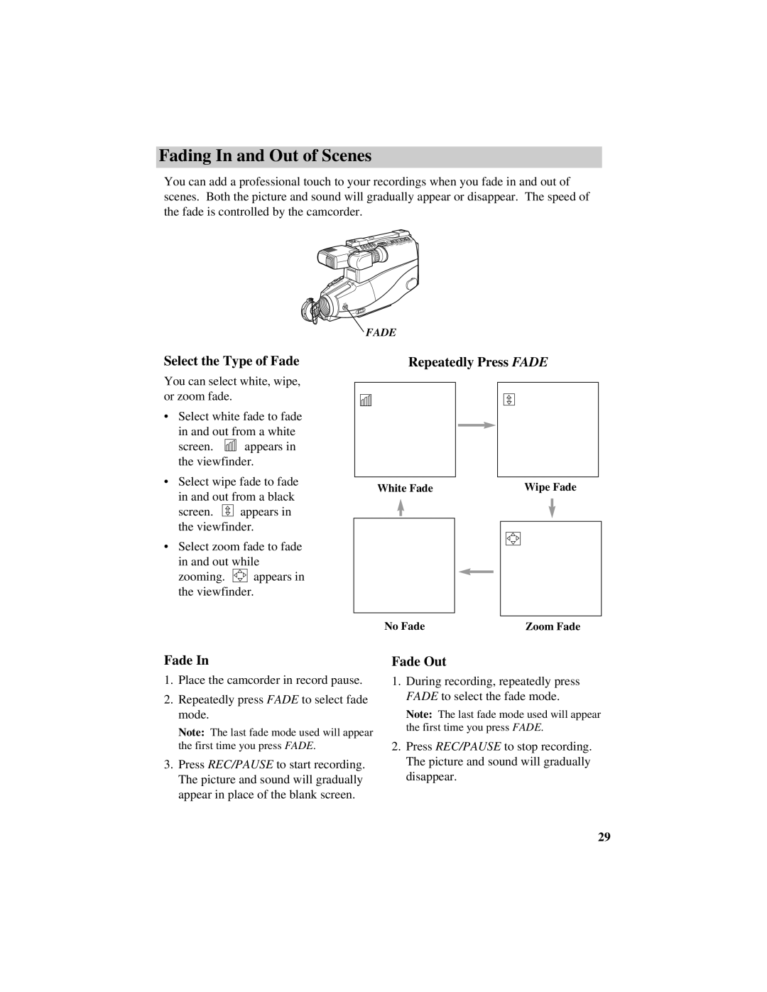 RCA CC632 manual Fading In and Out of Scenes, Select the Type of Fade, Repeatedly Press Fade, Fade Out 