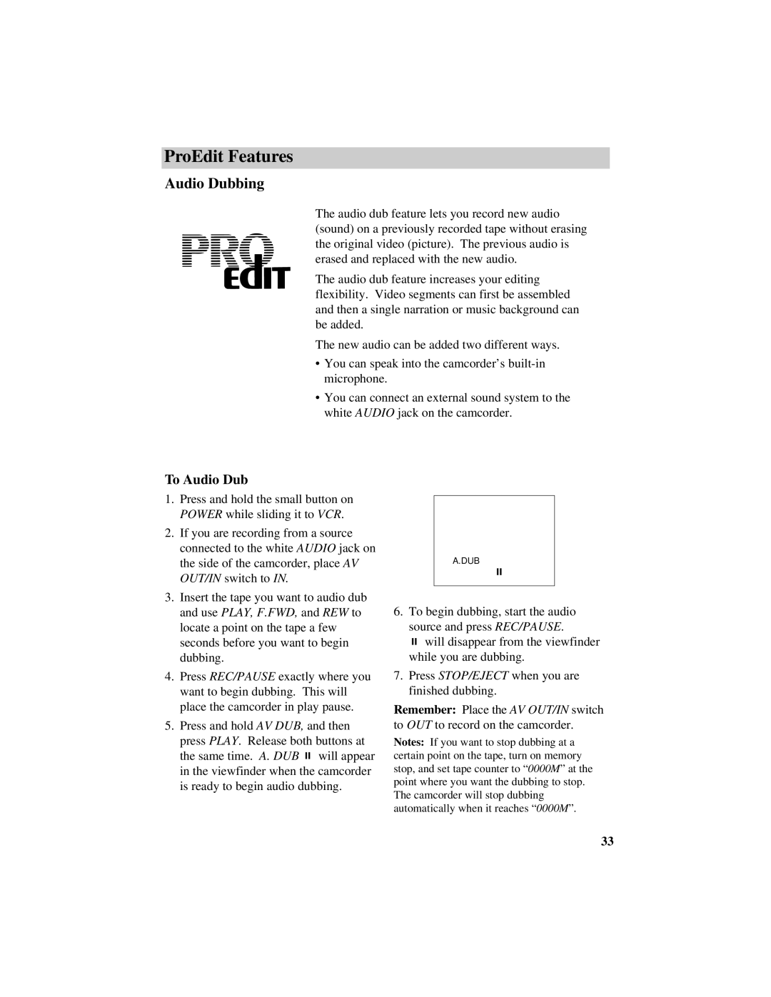 RCA CC632 manual To Audio Dub 