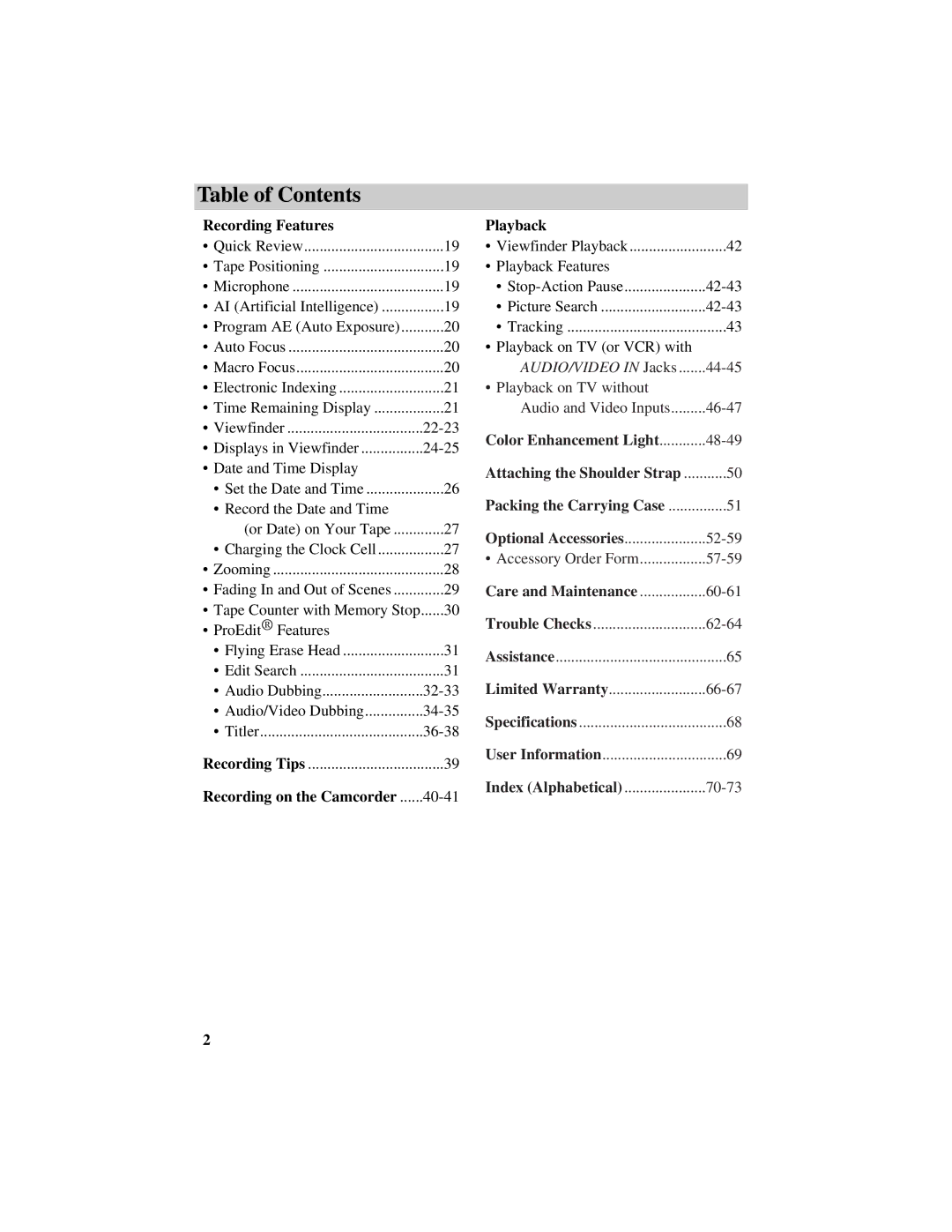 RCA CC632 manual Recording Features, Recording on the Camcorder, Playback, Color Enhancement Light, Care and Maintenance 