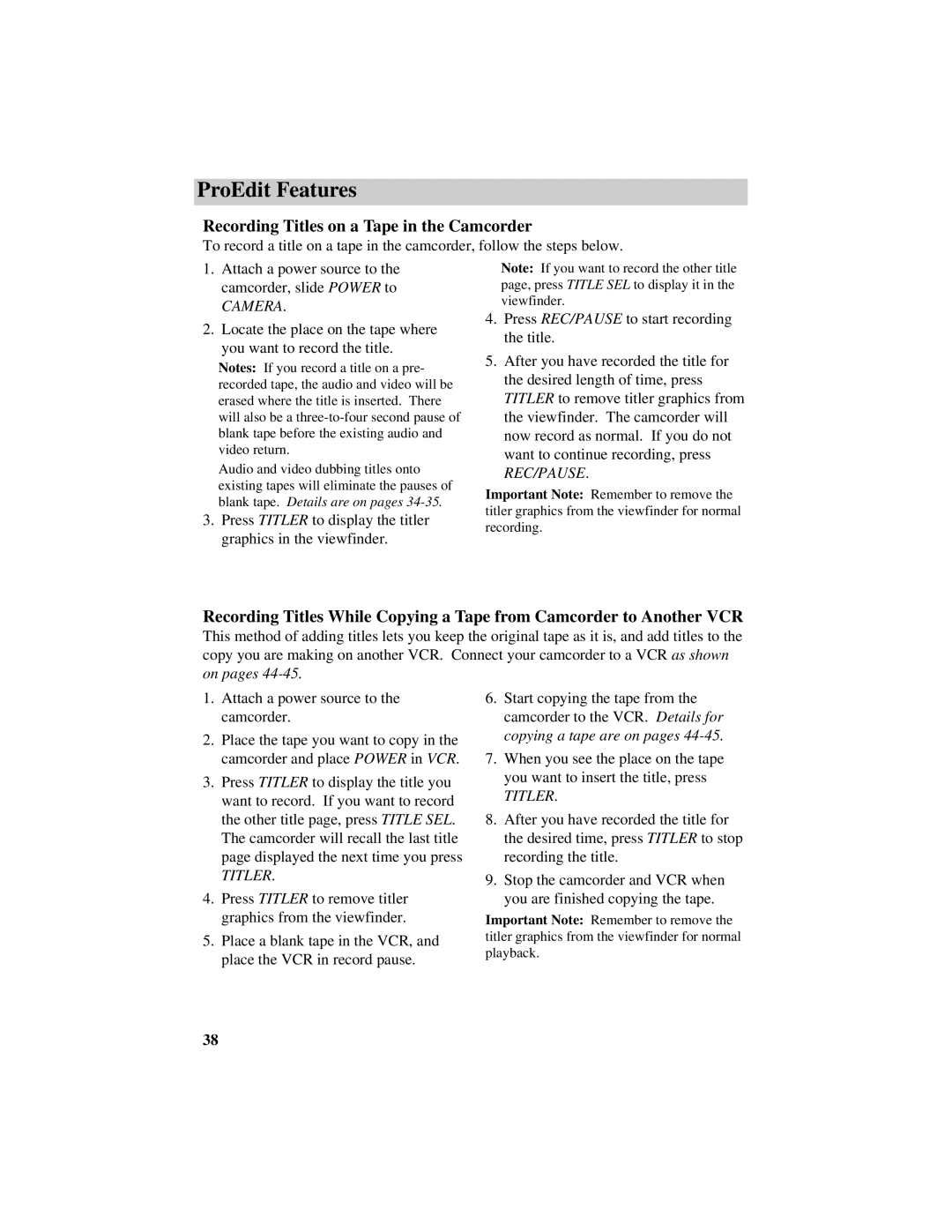 RCA CC632 manual Recording Titles on a Tape in the Camcorder, Camera 